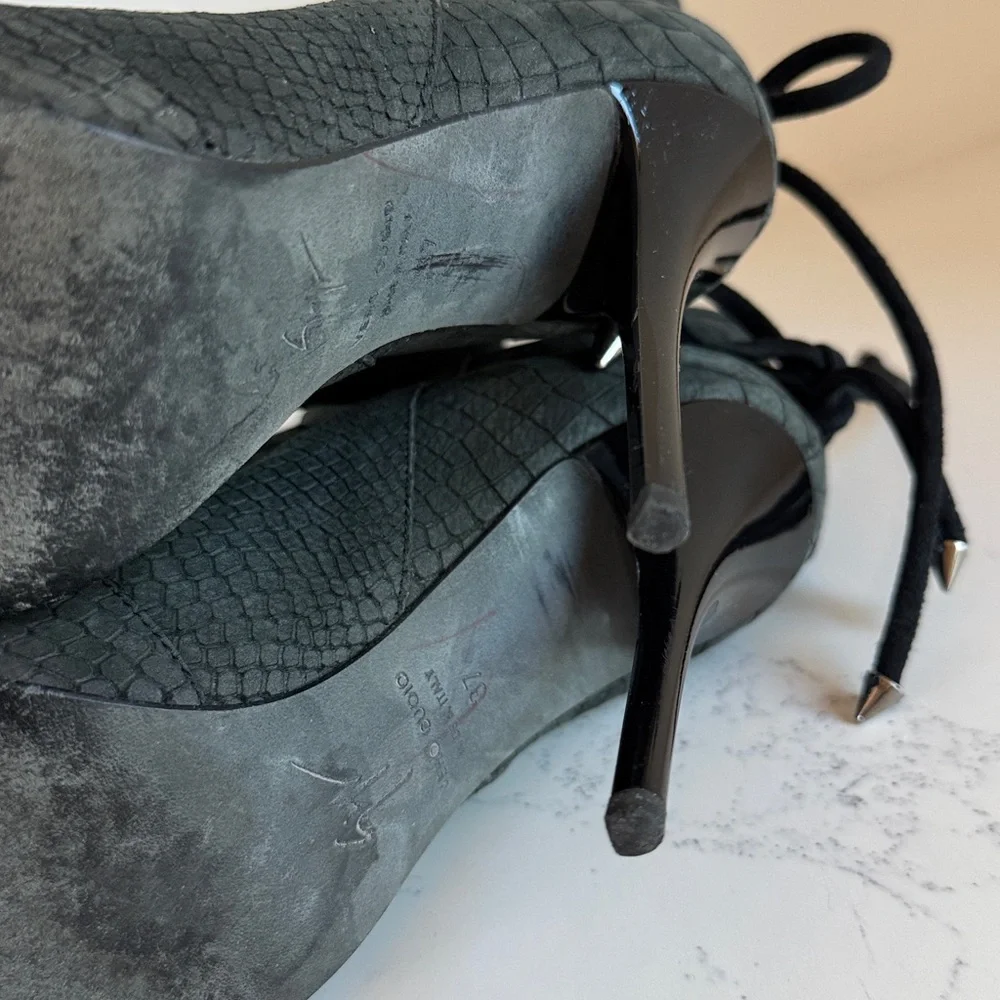 Giuseppe Zanotti Snakeskin Ankle Boots Grey Suede Stiletto Heel Lace Back 37